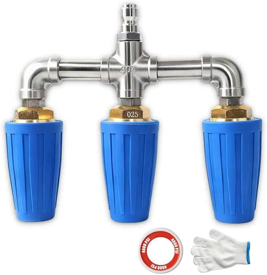 Triple Turbo Nozzle Pressure Washer, Triple Pressure Washer Nozzle, 360° Rotating 4000 PSI Turbo Nozzle with 1/4" Quick Connector 2.0 Orifice, 304 Stainless Steel for Driveway/Deck Clean(Blue)