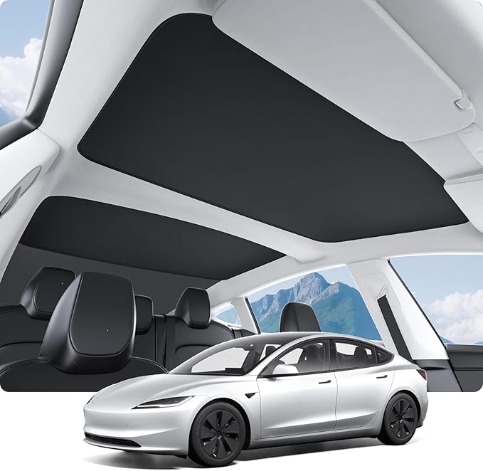 BASENOR 2026-2024 Tesla Model 3 Sunshade Roof, [Nano Ice-Crystal Coatings] Heat Insulation Glass Roof Shade, Top Window Retractable Sun Protection, Sunroof Blocking Cover for Model 3 Highland Black