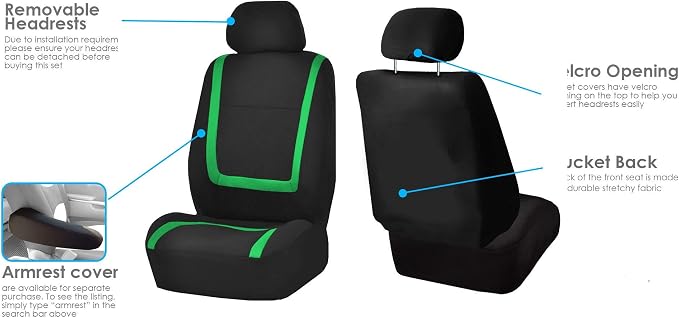 FH Group Automotive Seat Covers Unique Flat Cloth Green Full Set, Combo Steering Wheel Cover and Seat Belt Pads Rear Solid Bench Universal Fit for Vans Cars Trucks and SUV Interior Accessories