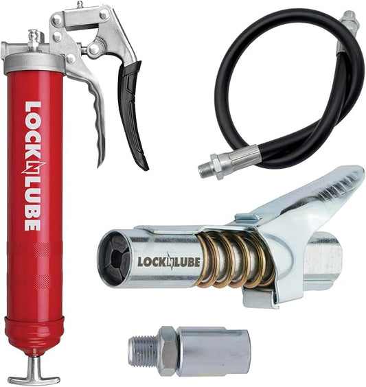 LockNLube Heavy-Duty Pistol Grip Grease Gun - Commercial/Residential - 20" Hose, Swivel, Coupler