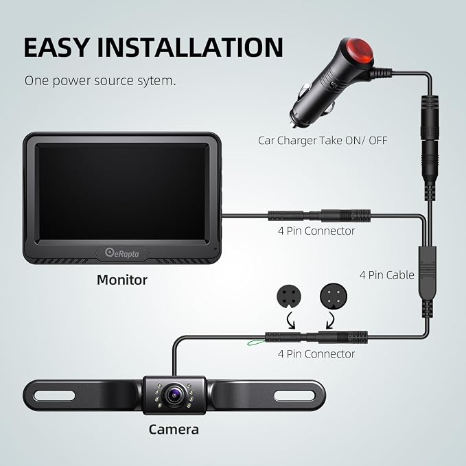eRapta Backup Camera 4.3''HD 1080P Front Rear View Monitor kit IP69 Waterproof Night Vision DIY Grid Lines for Car Trucks RVs Tractors Bus Semi-Trailers Pickup A43