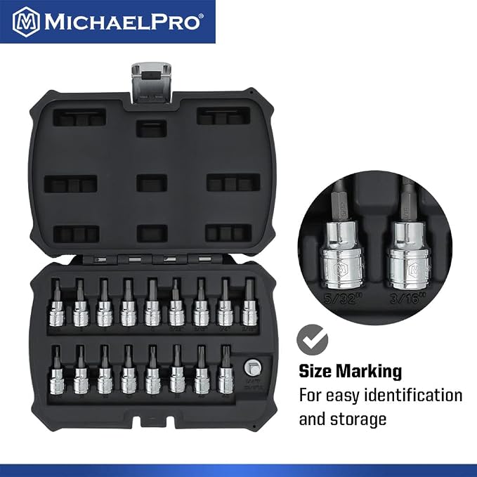 MichaelPro 18-Piece 3/8'' Drive Torx and Hex Bit Socket Set, SAE & Metric (5/32" - 5/16", 4 - 8 mm, T10-T45), High Torque Resistant S2 Steel, Socket Adapter and Storage Case Included - MP012021