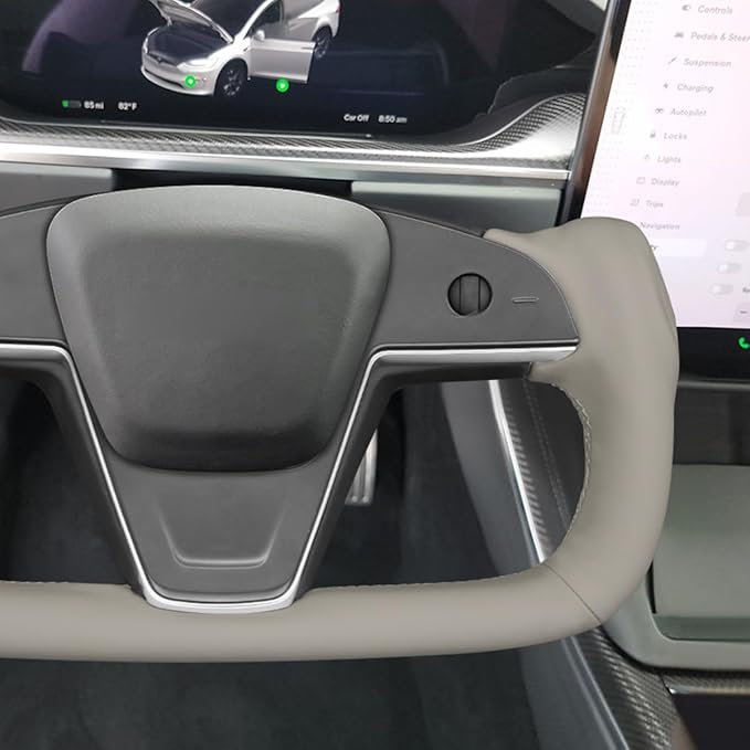 MEWANT Hand Stitch Grey Genuine Leather Steering Wheel Cover for Tesla Model S Plaid Yoke 2021-2023 Model X 2021-2023