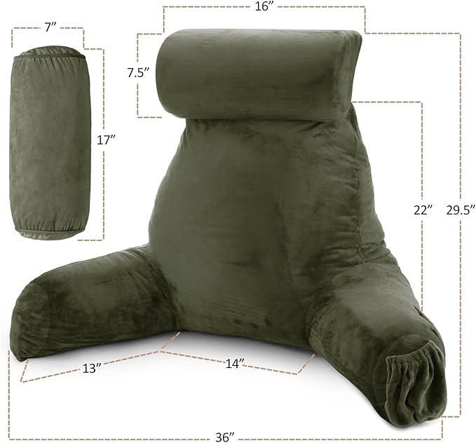 Nestl Reading Pillow with Shredded Memory Foam Includes 2 Neck and Lumber Support Pillows, Designed for Sitting Up in Bed and Couch, Back and Arms Adjustable Support for Adult & Teens, Olive Green