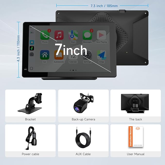 Haudio 7 Inch Portable Carplay Screen for Car,Car Stereo Wireless Carplay & Android Auto,1080p Backup Camera CarAudio Receivers GPS Navigation Mirror Link