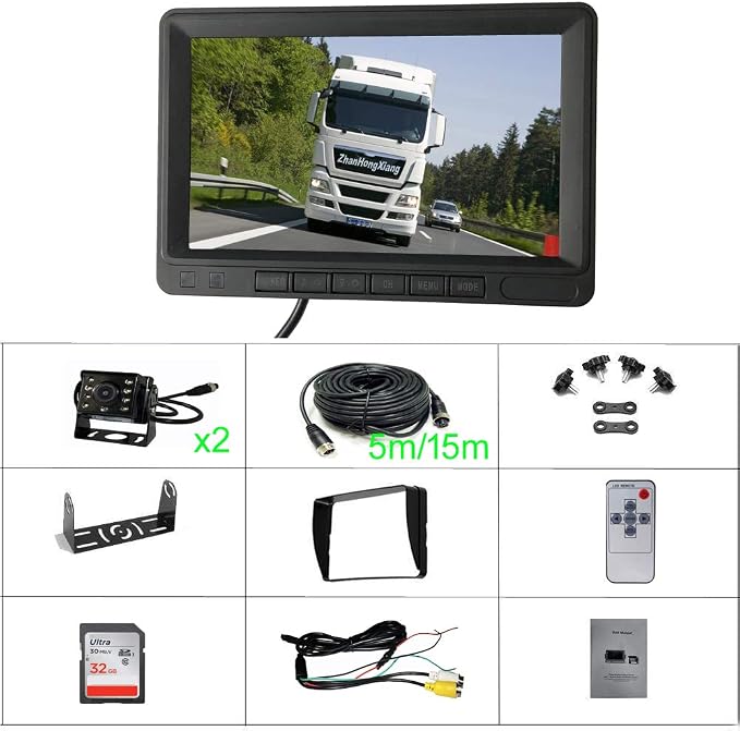 AHD 1080P Backup Camera 7" DVR Monitor System,2 x 4 Pin Reverse Rear View Mirror Camera 8 IR Night Vision + 7 inch 2CH Split IPS Screen 12V-24V for RV Bus Camper Trailer Semi Truck