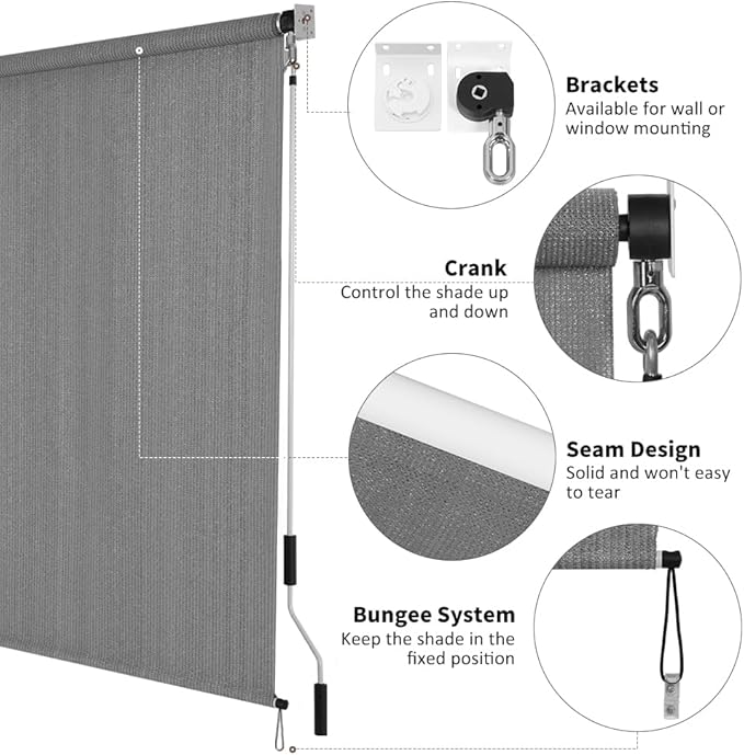 SMONTER Outdoor Sunshade Roller Shade 5'W x 6'H (60" Wx72 H), Exterior Cordless Roll Up Shades Blinds, UV Protection Shade Cloth with Crank Operation for Outside Windows Patio Porch Gazebo, Dark Grey
