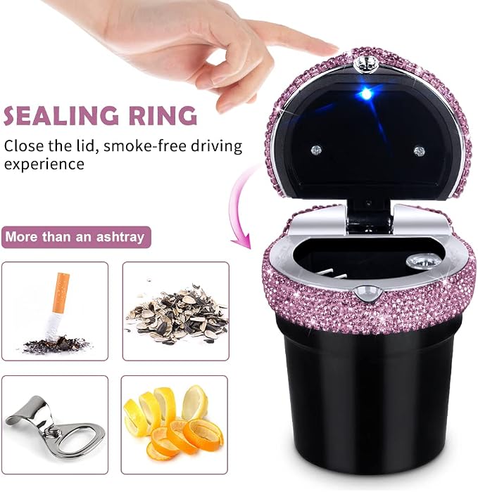 eing Car Ashtray Portable Bling Cigarette Smokeless Cylinder Cup Holder with Blue LED Light Indicator and 2 Replacement Batteries,Car Accessories for Women,Ideal for Car,Home and Office,1-Pack Purple