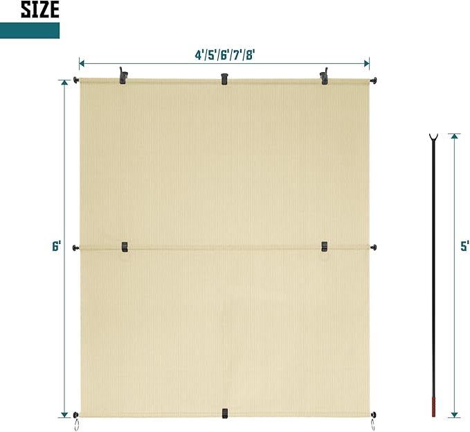 Bynbbur 6'W x 14.5'H Outdoor Patio Shades Foldable Roller Blinds, 220 GSM Sun Shade Roll Up Porch Screens Exterior Shade Cloth for Deck Pergola Backyard, Beige