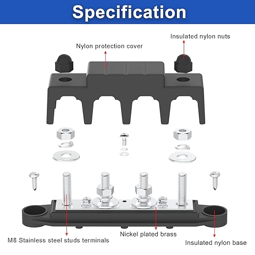 Bus Bar 250A 12V Power Distribution Block with 5/16" (M8) 4-Posts Terminals Block with Cover for Automotive, Marine, Battery System (Black)