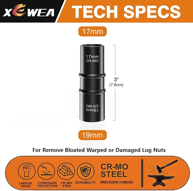 1/2 Inch Drive 7/8" x 15/16" Thin Wall Impact Flip Socket,XEWEA Lug Nut Impact Socket Set Double Ended Thin Wall Nut Sockets CR-MO Twist Removal Tool for Stripped Rusted Bolts