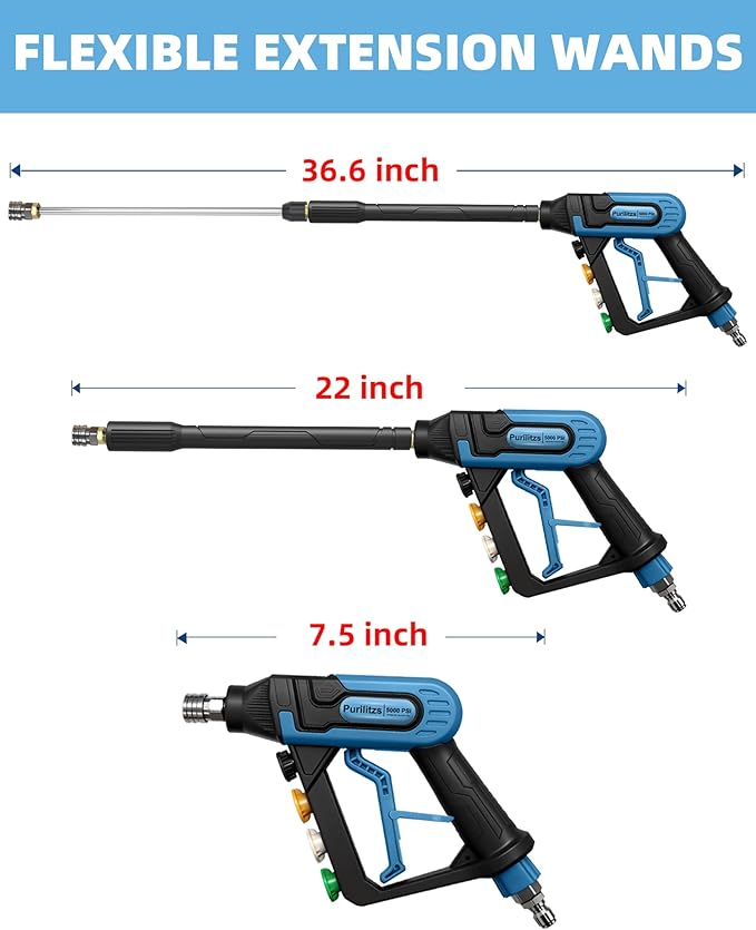 5000PSI Pressure Washer Gun 3/8'' Swivel Plug with Extension Wand, M22 Coupler & 5 Nozzle Tips, 40 inch, Power Washer Gun for Car Detailing Yard House Cleaning