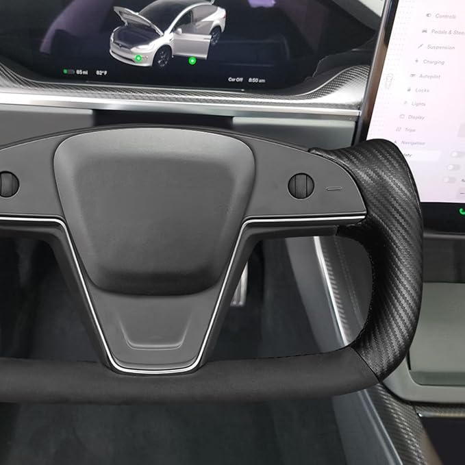 MEWANT DIY Black Suede Matte PU Carbon Fiber Steering Wheel Wrap for Tesla Model S Yoke 2021-2023 Model X 2021-2023