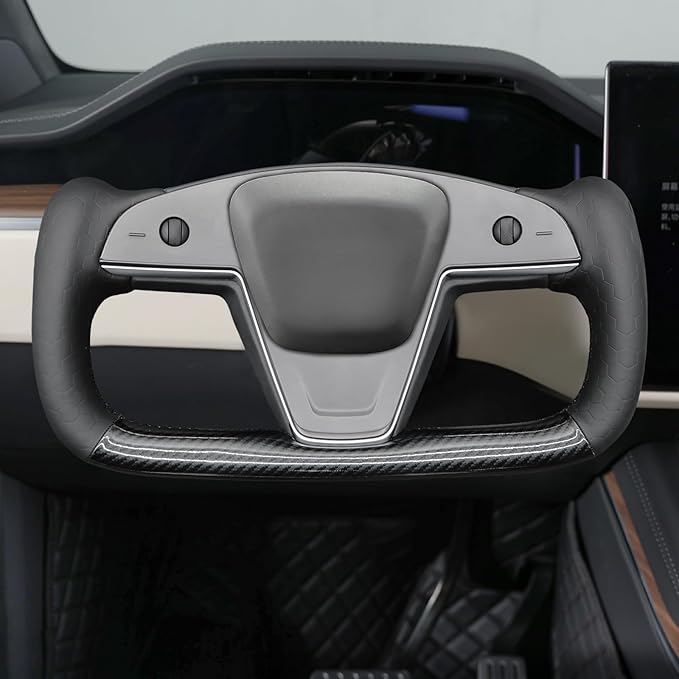 MEWANT Steering Wheel Cover for Yoke Style Steering Wheel for Tesla Model S 2021-2023 / Model X 2021-2023 Made of Black Microfiber Leather