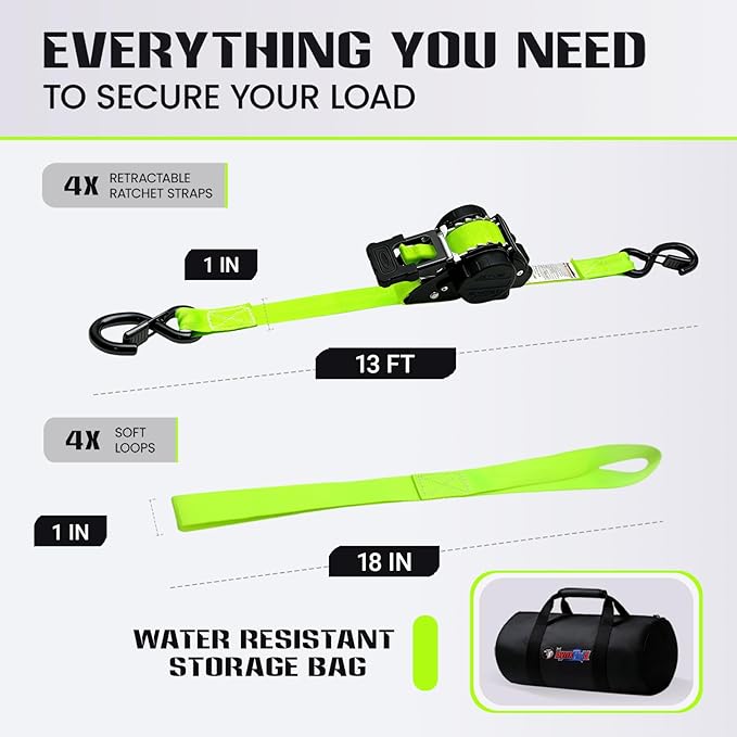 Retractable Ratchet Straps (4-Pack) - Heavy Duty Auto Slow Retraction Tie Down Straps - 1 Inch x 13 Feet (1,800lb Break Strength) for Truck, Cargo Trailer, Motorcycle, ATV, UTV - Fluorescent Green
