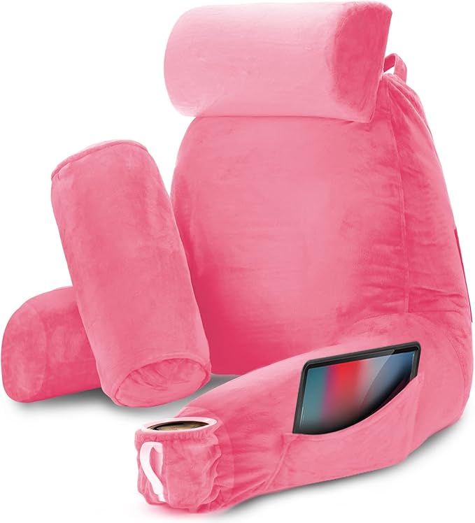 Nestl Reading Pillow with Shredded Memory Foam Includes 2 Neck and Lumber Support Pillows, Designed for Sitting Up in Bed and Couch, Back and Arms Adjustable Support for Adult & Teens, Light Pink