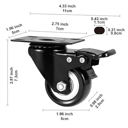 2" Caster Wheels Set of 8, Heavy Duty with Brake | No Noise, Locking, Polyurethane (PU) Wheels, Swivel Plate, Black, Pack of 8