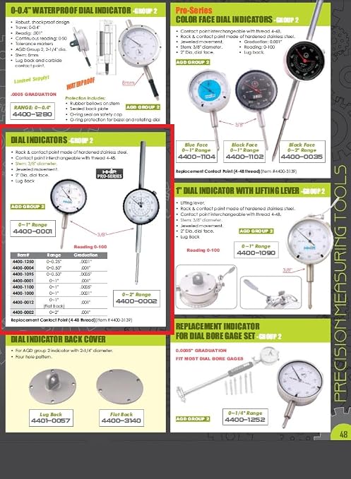 HHIP 4400-1095 Pro Series AGD Group 2 Dial Indicator, .0005" Graduation, 0-100 Reading, 0-0.50" Range