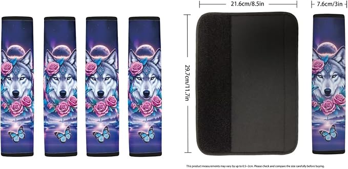 Wolf Rose Print Car Seat Covers Full Set with Steering Wheel Cover Non Slip Seatbelt Covers Set of 4, Universal Auto Seat Protector for Most Vehicles, Purple