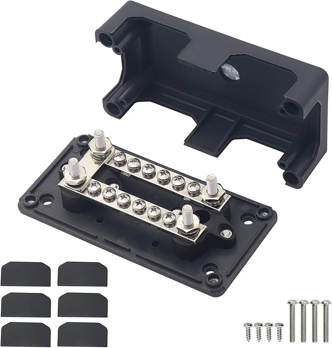 Bus Bar 12V-48V DC 100A Power Distribution Blocks Heavy Duty Module 4X 1/4" Posts+ 12x 5/32" Screws Terminals Double Rows Busbars, 100 Amp Battery Buss Bar with Cover, Red&Black 2 Pack
