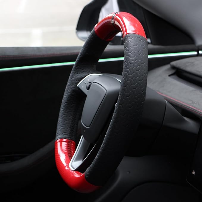 MEWANT DIY Embossed Faux Leather PU Carbon Fiber Steering Wheel Cover for Tesla Model Y Juniper Model3 Highland 2025