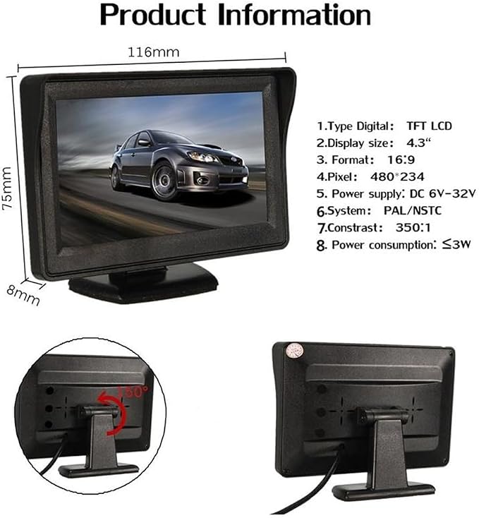 4.3 inch Color TFT LCD Display Screen Auto Rear View Monitor Display for Car Backup Camera/Front Camera/Media Player