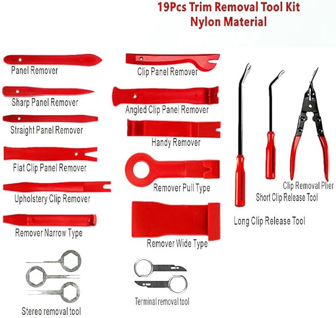 19Pcs Trim Removal Tool Set, Car Panel Door Audio Trim Removal Tool Kit for Automotive Auto Clip Pliers Fastener Remover Nylon Tool Set Vehicle Dash Radio Audio Installer with Storage Bag AUTR19NRD