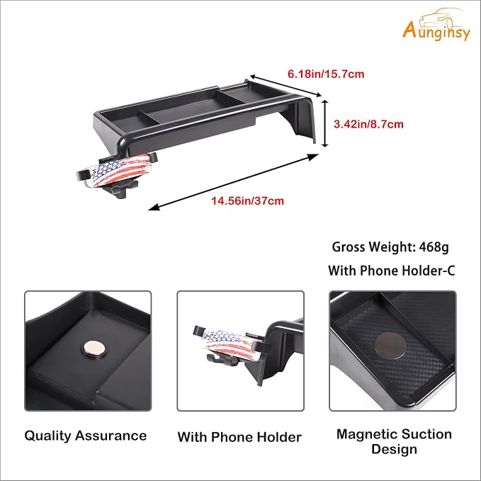 Aunginsy Center Console Dash Storage Tray Compatible with Kia Telluride 2020-2022 Accessories, Dashboard Multi-Functional Phone Holder Storage Box, Dash Organizer Tray Insert with Mobile Phone Mount