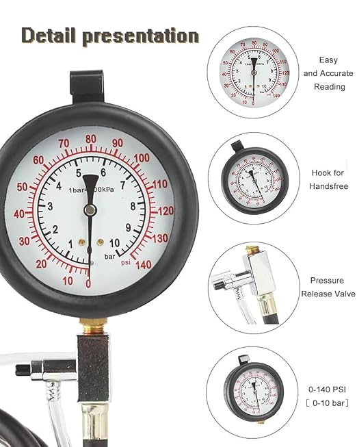 TU-443 Fuel Injection Pressure Tester Kit 0-140 PSI Pro Auto Fuel Pressure Gauge for Car Truck Motorcycle 45PCS