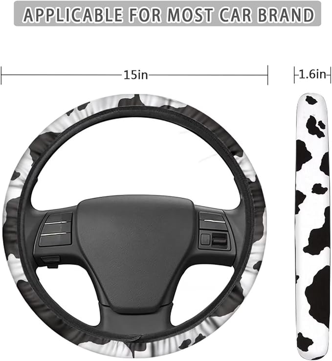 12 Pieces White Black Cow Print Car Accessories Car Seat Covers Full Set with Steering Wheel Covers,Seat Belt Pads,Key Ring,Cup Costers,Lipstick Holder Universal Fit for Truck Car