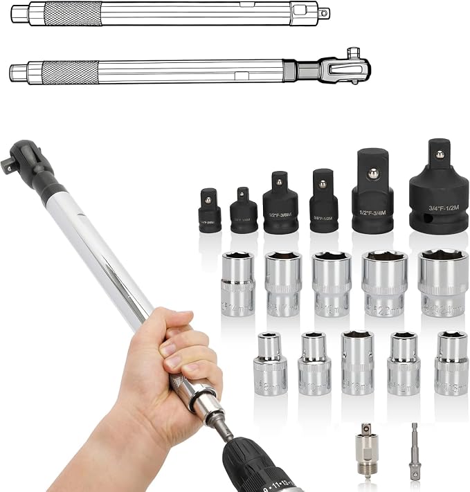 Offset Extension Wrench for Tight Spaces, 2 in 1 1/2'' Drive Offset Wrench, Offset Extension Wrench Impact for Electric Drill/Ratchet/Impact Wrench - with 10 Hex Socket