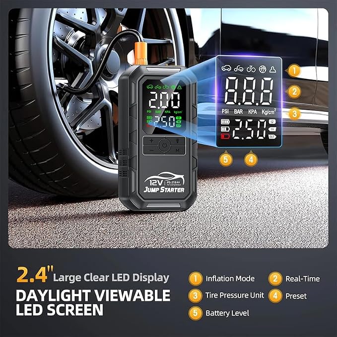 10-in-1 Car Battery Jump Starter with Air Compressor 10000A 160PSI Portable Car Jumper Starter (All Gas 12L Diesel), 12V Jump Box Car Battery Jump Starter Portable Jumper Cables, Lights (10000A)