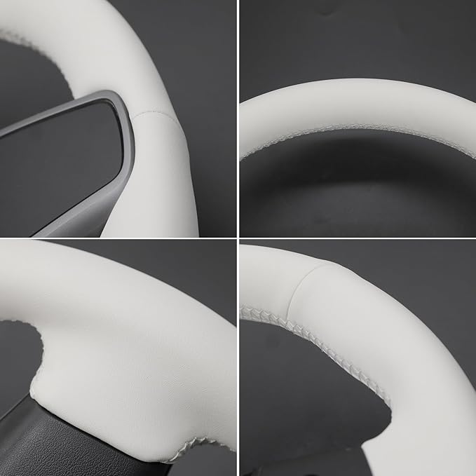MEWANT Stitching White Faux Leather Steering Wheel Cover for Tesla Model Y Model 3 DIY Steering Wheel Wrap Accessory