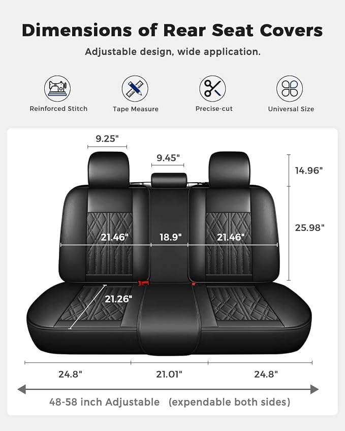 Huidasource Leather Back Row Seat Covers, Waterproof Rear Split Bench Car Seat Covers, Vehicle Seat Cushion Cover Protector Universal Fit for Most Cars Sedan SUV Pickup Truck(Back Row/Black)