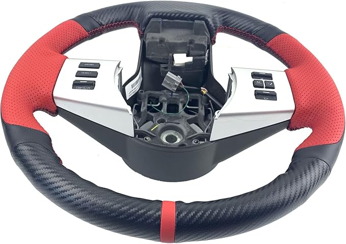 Matte Black Carbon Fiber&Red Perforated Leather Steering Wheel Cover Hand-Stitch Sew on Wrap for Nissan Pathfinder 2005-2012 / Nissan Xterra 2005-2015 / Nissan Frontier 2005-2019
