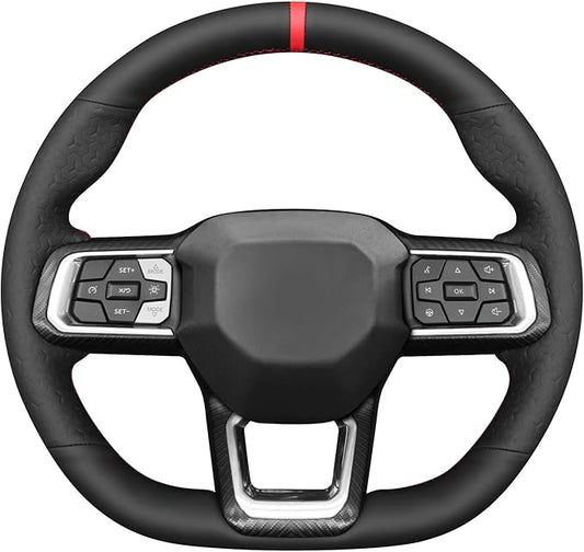 MEWANT Hand Stitch Black Smooth Geom Embossed Artificial Leather Steering Wheel Cover for Ford Mustang 2024
