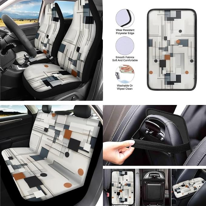 Nordic Geometry Print 13 Piece Car Seat Cover Set for Women Full Set Modern Art Style Geometries Car Seat Protectors Coaster Pads Decor Accessory