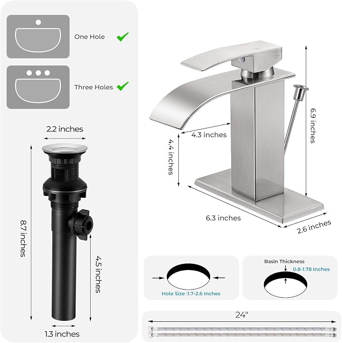 Brushed Nickel Bathroom Faucet with Lift Rod Drain, Waterfall Bathroom Sink Faucet Modern Single Handle Bathroom Faucte 1 or 3 Hole, RV Mixer Tap Vanity Faucet Washbasin Faucet with Deck