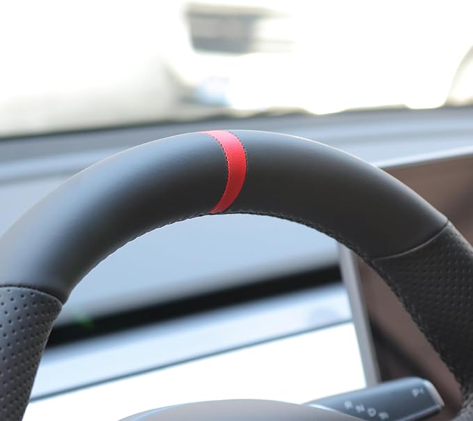 MEWANT DIY Hand Sew Black Genuine Leather Steering Wheel Cover Wrap for Tesla Model Y 2020-2023 Model 3 2017-2023