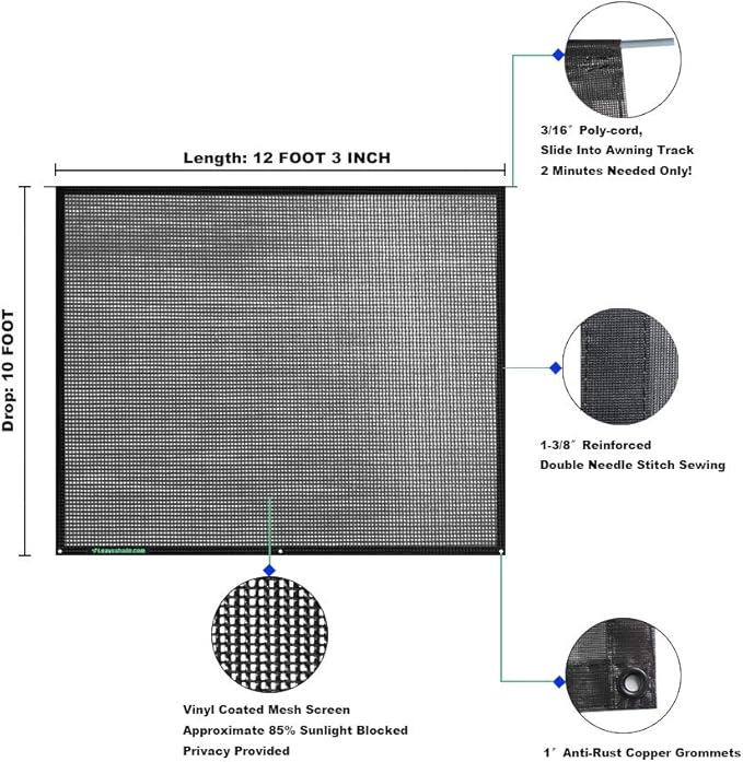 Leaveshade RV Awning Sun Shade Screen 10' X 12' 3''(Fit for 13' Awning) Mesh Sunshade Block Front Sun Galary Motorhome Camping Trailer Awning Shadescreen Sunscreen - 3 Year Warranty (Black)