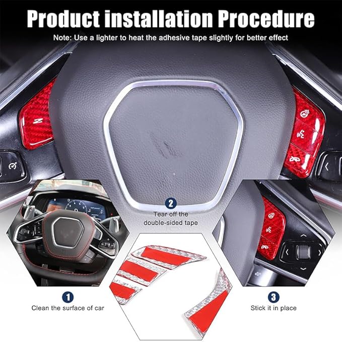 Dry Carbon Fiber Central Control Steering Voice Button Molding Cover for Corvette C8 2020-2024 2025 Accessories 4PCS Center Steering Control Button Trim Cover with Heated Button Interior Sticker (Red)