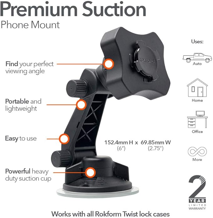 Rokform - Adjustable Windshield Phone Mount Secured by Strong Suction Cup Base, 210 Degrees of Tilt and 360 Degree of Rotation Phone Holder Compatible with ALL Rokform Twist Lock Cases