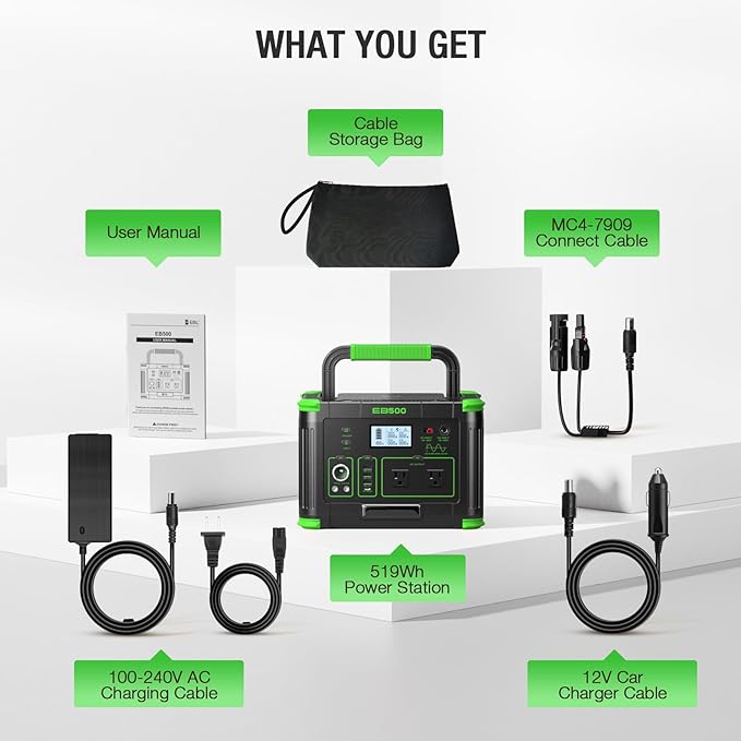 Portable Power Station 500W (Peak 1000W), 519Wh Solar Generator with 2 AC 110V Outlets, USB-C PD 60W Fast Charging, 10 Ports including Wireless Charger for Camping, RV, Emergency, and Backup
