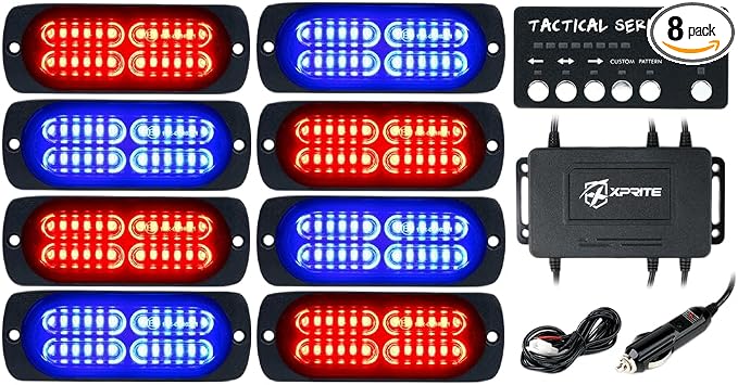 Xprite 24 LED Surface Mount Strobe Lights Kit with Control Panel, Grill Grille Side Marker Flashing Emergency Warning Police Light Assembly for Trucks Vehicles ATV UTV RV Cars Van Red Blue, 8PCS