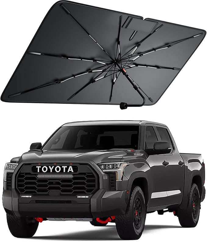 Windshield Sun Shade for Toyota Tundra 2000–2026, Foldable Umbrella Sunshade with 100% UV Block, Multi-Layer Heat Insulation, Reinforced 10-Rib Frame, Keeps Car Cooler, Summer Car Accessory