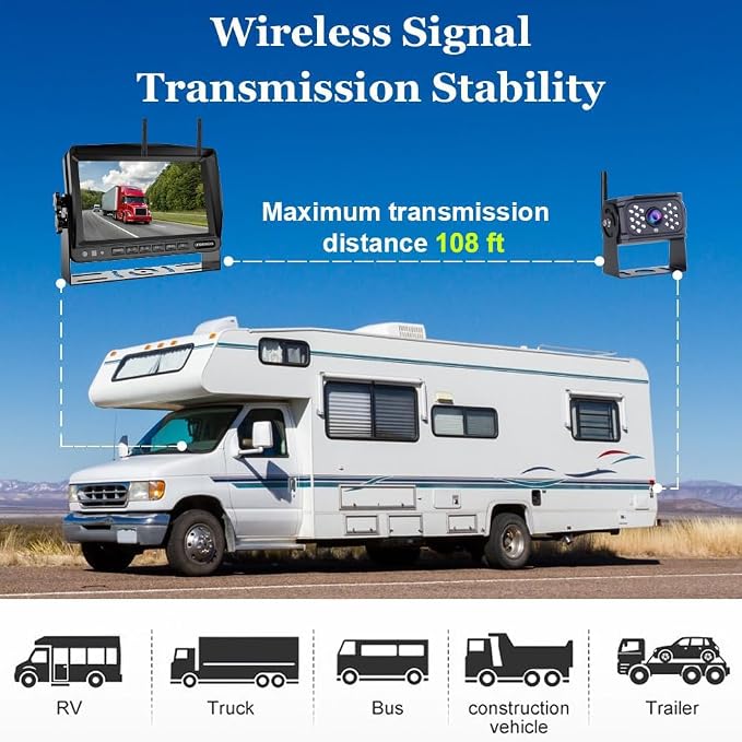 7 inch Wireless Backup Camera System Digital Signal HD 1080P Rear View Monitor Kit, IP69 Waterproof Night Vision Reverse Back up Camera for Truck Car RV Trailer Camper Van Bus