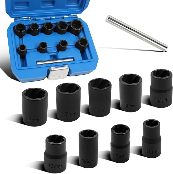 10PCS Twist Lug Nut Socket Set - 3/8 inch Drive Damaged Nut Lock Remover Extractor - Rusted & Stubborn Locking Nut Removal Tool Kit Center Punch Bar