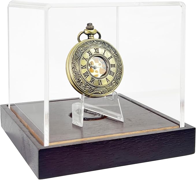 Acrylic Pocket Watch Display Case with Wooden Base - UV Protected Showcase & Protect Watches, Coins, Medals, Cards (4.3"x4.3"x3.7" Inside)
