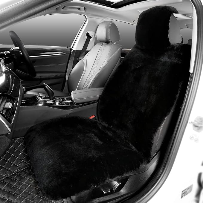 IRIWOOL Fluffy Fur Sheepskin Car Seat Cover Automotive Interior Accessories Seat Covers Accessories Seat Cushions， Soft Natural Pure Wool ，Universal Fits Most Cars SUVs (Black, Universal Fit)