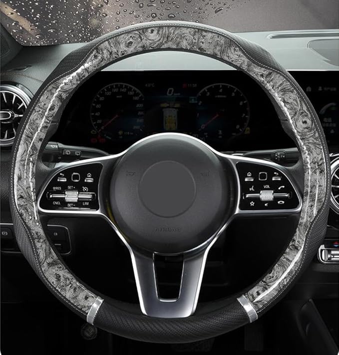 Peach Wood Grain Steering Wheel Cover Anti-Slip Breathable Durable Leather Four Seasons Universal 15 Inch Car Wrap Cover (Gray)